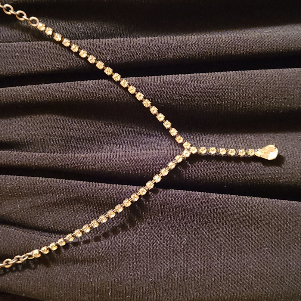Vintage Art Deco MCM Necklace with mini crystal Rhinestones, bronze/Silver-tone